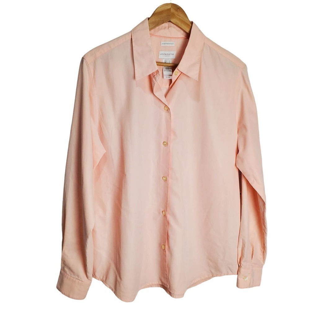Liz Claiborne Blouse Womens Large Pink Stain Resistant Button Up Silky